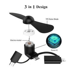 50pcs 3 in 1 Portable Cell Phone Cooler Flexible Mini Electric Fan USB Cooling Cooler Fan For iPhone Samsung for Android Phone